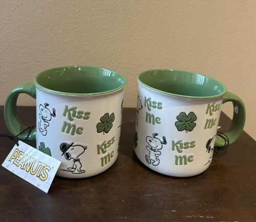 Primary image for Set Of 2 Peanuts Snoopy St Patrick's Day Mugs New Clover Kiss Me