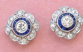 Estate Art Deco 1.13ctw Diamond .40ctw Sapphire Halo Cluster Stud Earrings - £2,815.61 GBP