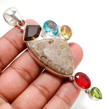 Fossil Coral Multi Cut Stone Handmade Ethnic Gift Pendant Jewelry 3.80&quot; ... - $9.09