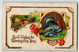 Thanksgiving Postcard Turkey Harvest Flowers Flag Gel Series 956 Germany Vintage - £5.50 GBP