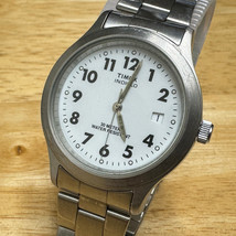 VTG Timex Quartz Watch Men Silver White Indiglo Date Analog New Battery 7.75&quot; - £20.88 GBP