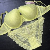 Victoria&#39;s Secret 38DDD Bra Set Panty Neon Yellow Lace Lime Citron Dream Angels - £63.06 GBP