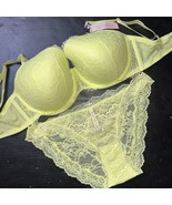 Victoria&#39;s Secret 38DDD BRA SET Panty NEON YELLOW LACE lime Citron Dream... - £62.75 GBP