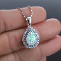 White Fire Opal Water Drop Pendant Necklace Blue Zircon Small Stone Necklace - £36.97 GBP