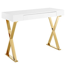 Modern High Gloss White &amp; Gold Office Study Writing Desk 1 Drawer X Metal Frame - £362.45 GBP