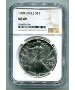 1988 AMERICAN SILVER EAGLE NGC MS69 BROWN LABEL PREMIUM QUALITY NICE COI... - $67.95
