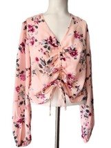 Rue 21 Size M Cropped Ruched Front Tie Shirt Top Pink Floral Balloon Sleeves New - £10.16 GBP