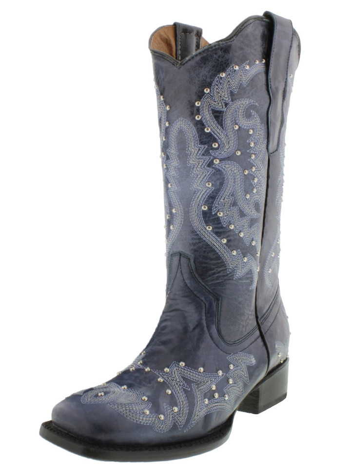Womens Cowboy Rodeo Boots Denim Blue Leather Silver Studded Square Toe S... - $71.27