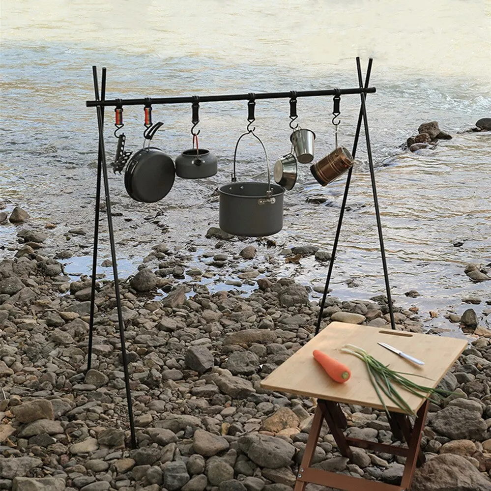 Outdoor Camping Hanging Rack Folding Tripod Foldable With Hook Cookware Pan Pot - £24.89 GBP+