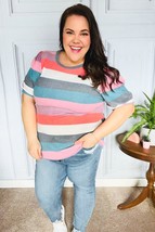 Look Out Teal &amp; Rose Striped Hacci Knit Puff Sleeve Top - £11.75 GBP