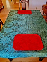 4 Place Mats Tablecloth Vintage Christmas Poinsettia Damask Red Green 68... - £21.67 GBP