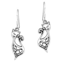 Sleek &amp; Slender Sterling Silver Cat Dangle Earrings - £17.79 GBP
