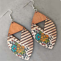 Brown &amp; Yellow Wood Stripe Floral-Accent Drop Earrings - £11.15 GBP