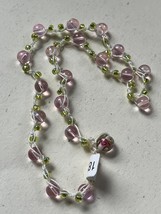 Thin Cream Crocheted Cord w Iridescent Pink &amp; Green Beads Hippie Boho Necklace – - £8.88 GBP