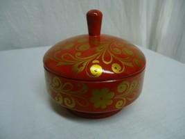 e55 Vintage USSR Soviet Russian KHOKHLOMA painted wood covered bowl RED GOLD Lid - £15.50 GBP