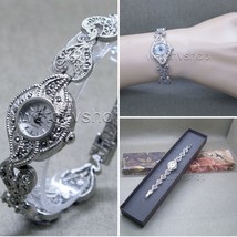 Silver Black Vintage Style Marcasite Crystal Women Jewelry Bracelet Watch LM15 - £21.70 GBP