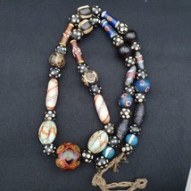 Vintage African Asian mosaic Glass skunk Beads Long Strand necklace - £53.27 GBP