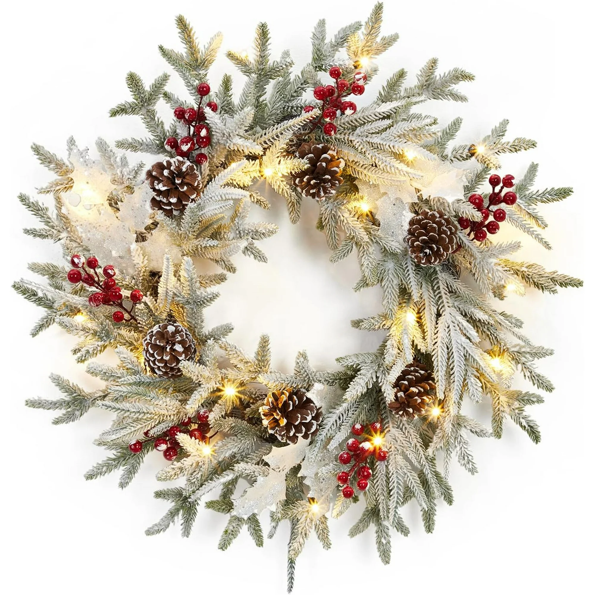  24&quot; Prelit Christmas Wreath with Lights, Snowflake Pinecone Ornaments W... - $11.47