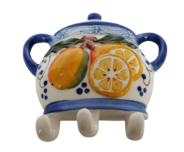 Vintage blue white &amp; yellow lemons teapot key ring holder wall hanging k... - £15.68 GBP