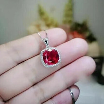 2Ct Cushion Simulated Red Ruby Halo Pendant 14K  White Gold Plated 18&quot; Chain - £32.94 GBP
