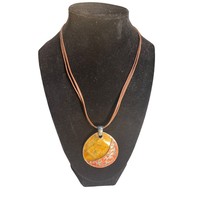 Enamel Oval Pendant Orange and Yellow With Rhinestones Brown Leather Cord - £8.30 GBP