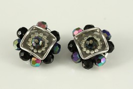 Vintage Costume Jewelry Purple Carnival Glass Rhinestone Beaded Clip Ear... - £13.33 GBP