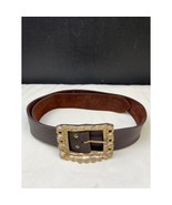 Vintage Women&#39;s Genuine Leather Brown Belt Square Gold Buckle SKU 5559 - $37.93