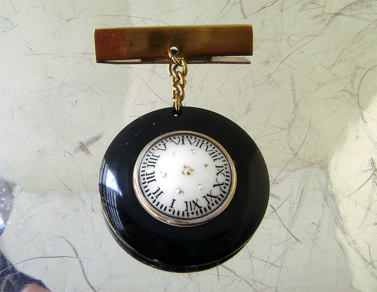 Primary image for Art Deco French Black Bakelite Brooch Galalith Lapel Watch Face Pendant Pin