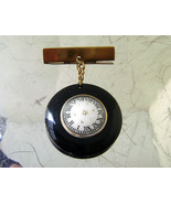Art Deco French Black Bakelite Brooch Galalith Lapel Watch Face Pendant Pin - £31.17 GBP