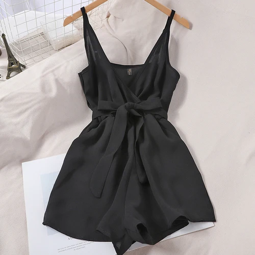 Hion romper 2022 summer new solid streetwear bow v neck sleeveless jumpsuit slim korean thumb200