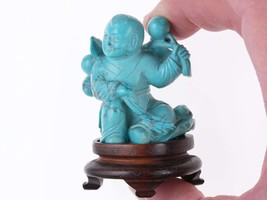 Antique Chinese carved Hubei Turquoise Boy figure on silver wire inlaid wood sta - £1,078.55 GBP