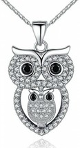 925 Sterling Silver Mother And Child Crystal Owl Bird Pendant Necklace 18 inches - £54.37 GBP