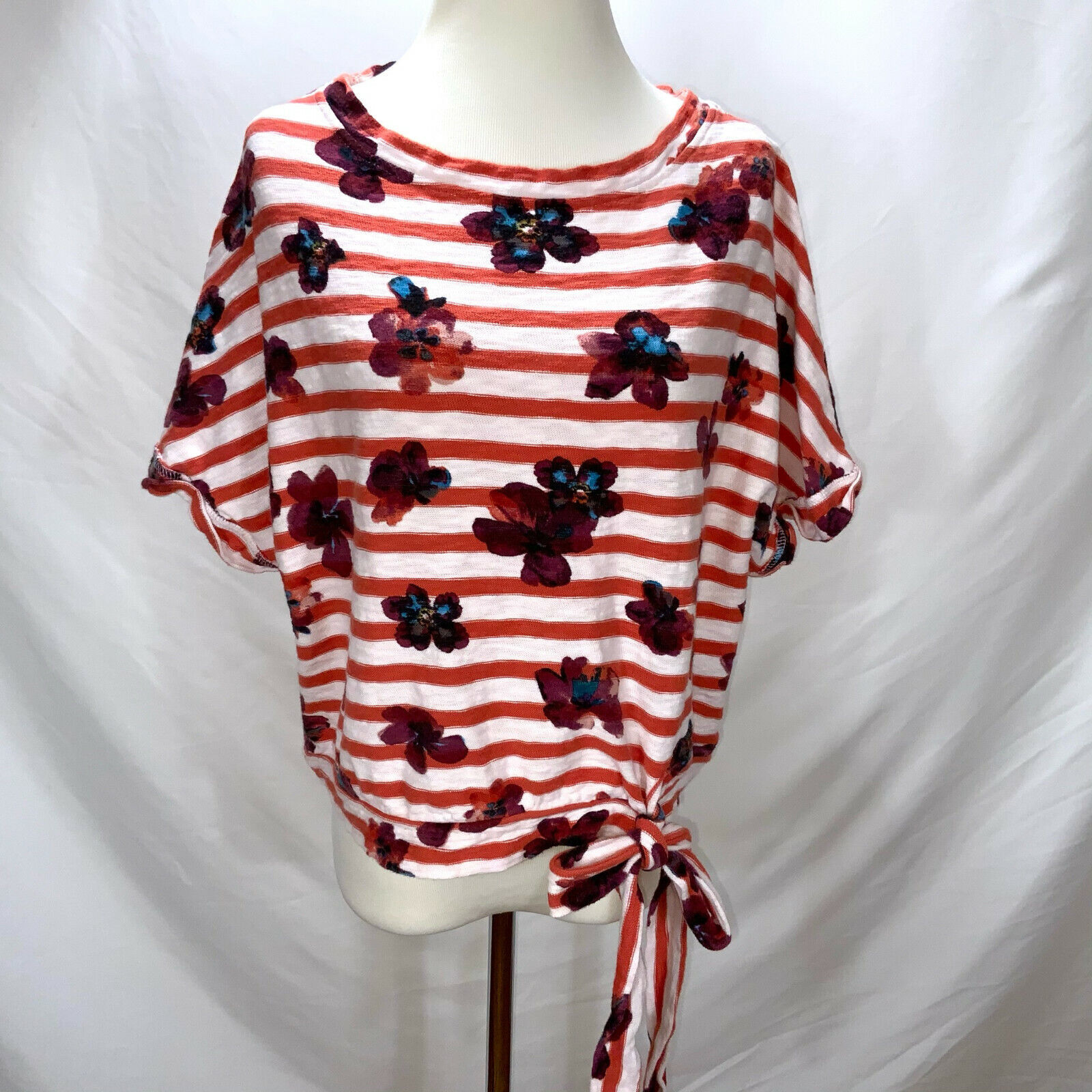 Anthropologie Postmark Floral Stripes Tie Waist Knit Cotton Knit Top Ove... - £17.67 GBP