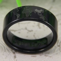 YGK Trendy 8mm Tungsten Carbide World Map Black Ring - Unisex, Men's, Women's - £34.36 GBP