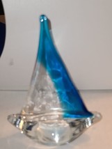 VTG Clear/Cobalt Blue Hand Made Blown Art Glass Nautical Sail Boat Paperweight - $9.49