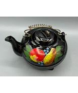 Vtg Wales Black Teapot With Hand Painted Fruit Design Coiled Metal Handle - $13.83