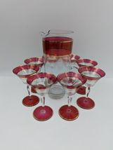 West Virginia Glass Ruby Red Gold Martini Cocktail Pitcher and 8 Cordial Glasses image 3