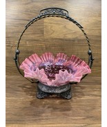 Vintage Norwood Art Glass Bride’s Basket Bowl Cranberry Spanish Lace w/ ... - $3,624.16 MXN