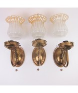 3 Vintage Mid-Century Wall Sconce Lamps Brass &amp; Amber Ombre Ruffle Glass... - £239.79 GBP