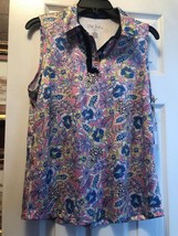 Nwt Stella Parker Bright Pink Blue Botanical Sleeveless Polo Golf Shirt M - £27.52 GBP