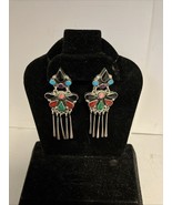 925 Sterling Silver Taxco Mexico Inlay Onyx Turquoise Malachite Dangle E... - $87.07