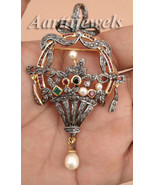 Victorian 2.01ct Rose Cut Diamond Pearl Ruby Emerald Brooch Thanks Givin... - $1,026.75