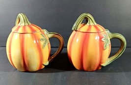 Set Of 2 Mesa Pumpkin Stoneware Mugs w/ Lid Coffee Cup Thanksgiving Fall Autumn - £29.52 GBP