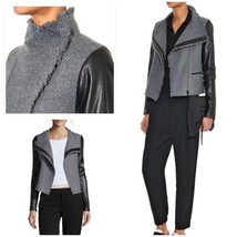 VINCE Black Leather Sleeve Gray Tweed Boucle Moto Jacket M wool Asymmetrical  - £55.23 GBP