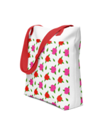 Floral Pattern Tote Bag with Red Handles – Pink &amp; Red Roses - $25.00