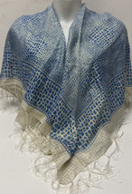 Vintage Blue White Gold Abstract Checkered Square Scarf w/ Fringe - 39in x 40in - £11.80 GBP