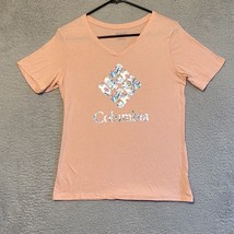 Columbia Floral Logo V-neck Pink Tee Women’s Size Small - £7.47 GBP