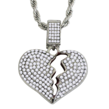 Broken Heart CZ Pendant Silver Plated 24&quot; Rope HipHop Men Women Necklace - £7.69 GBP