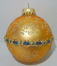 Gold Ball Ornament 3&quot; tall Glitter Floral Purple Green Vintage Christmas Lot 3 - £14.99 GBP