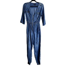 Bebe Blue 3/4 Sleeve 100% Lyocell Zip Front Utility Jumpsuit Pockets Siz... - $44.06